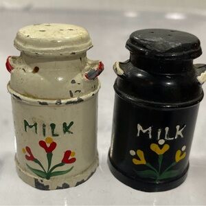 Vintage Cast Iron Salt and Pepper Shakers Milk Cans White Black Hand Painted